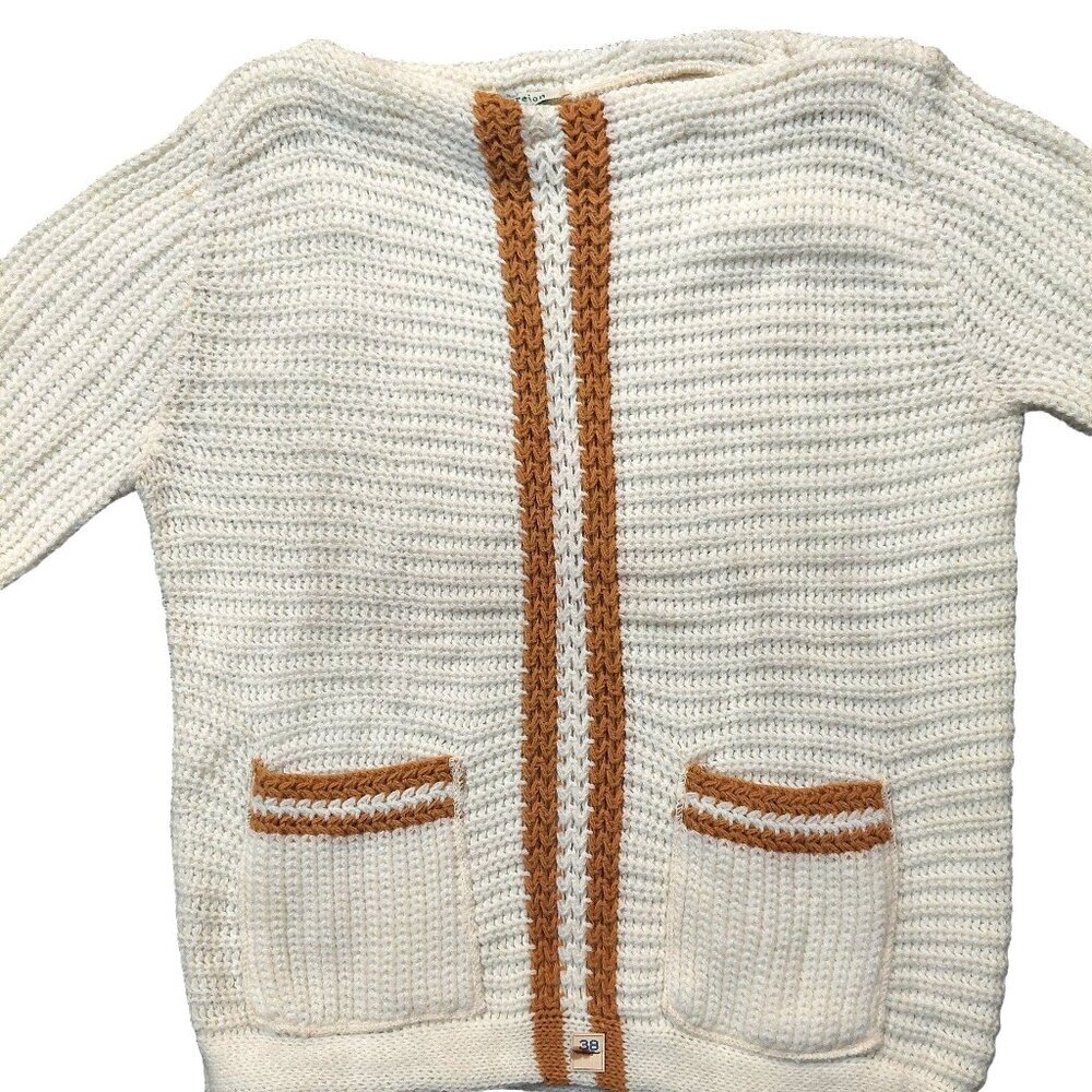 Vintage 1950s Cream & Tan Stripe Textured 3/4 Sleeve Knit Sweater w/ Pockets Sma - Picture 3 of 7